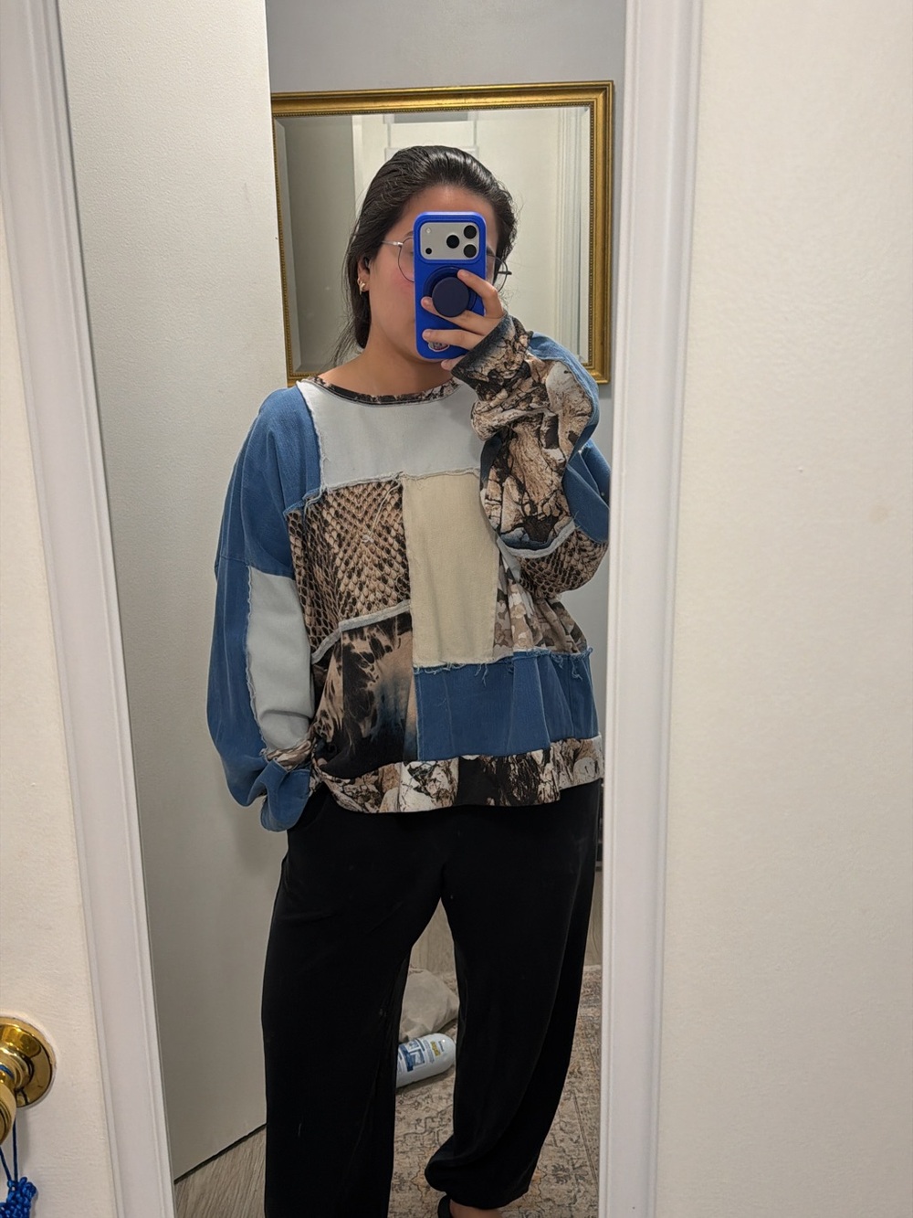 Patchwork Blue & Beige Long-Sleeve Women’s Top